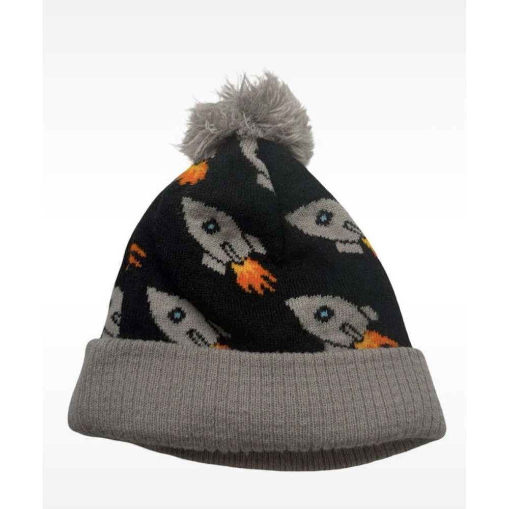 Lily & Dan Toddler Rocket Ship Pom Pom Beanie Winter Hat Gray Black